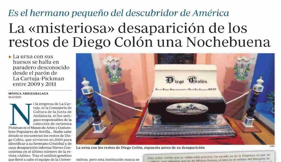 ABC retoma y amplía la desaparición de los restos de Diego Colón que destapó Adiós Cultural
